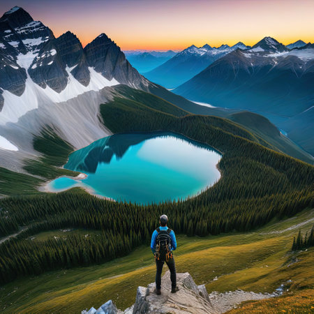 A lone hiker stands atop a majestic gazing over a serene lake nestled in the valley bathed in the golden light of theの素材