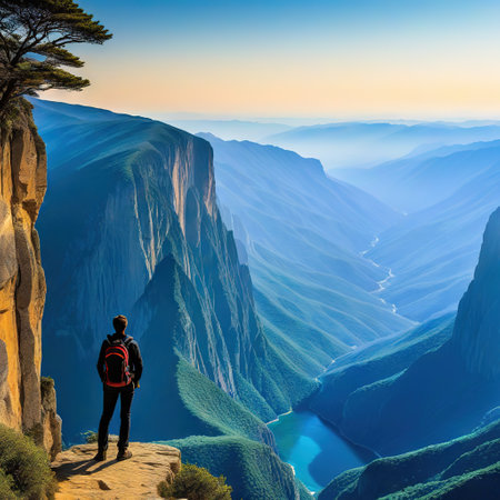 A traveler contemplates a breathtaking An image captures the feeling ofの素材