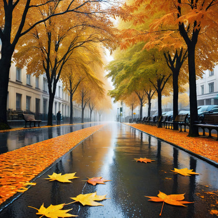 Autumn city rainy orange golden fallの素材