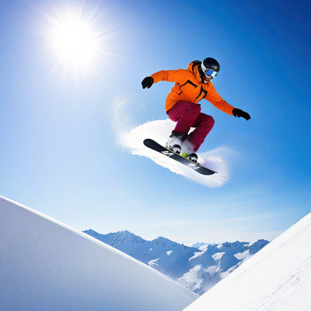 Snowboarder riding on slope in the winterの素材