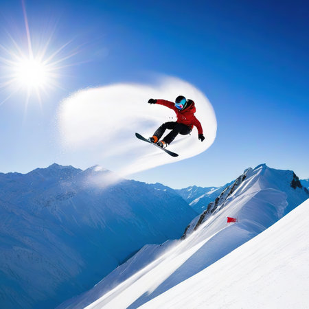 snowboarder jumping in the snow mountains on the slope with his snowboard and professional equipment on a sunnyの素材