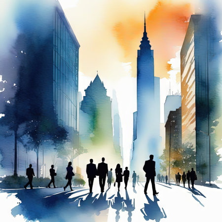 silhouettes of walking near office building Watercolorの素材