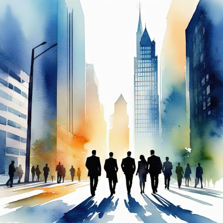silhouettes of walking near office building Watercolorの素材