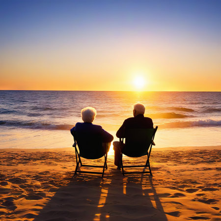 Senior couple sitting in chairs at the beach looking at the sunset fromの素材