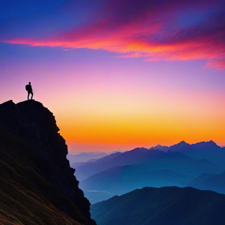 Silhouette of a standing on the top of a hill under the beautiful colorful sky in theの素材