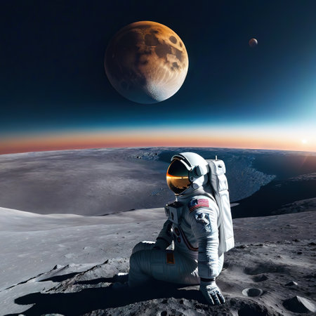 Astronaut sitting on the moon looking at generatedの素材