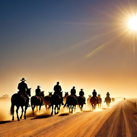 Australian outback landscape with on horse herding cattle along a dusty road atの素材