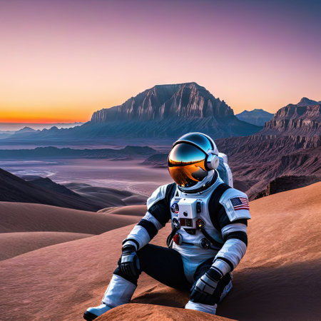 Astronaut in the desert on a sitting on crystalの素材