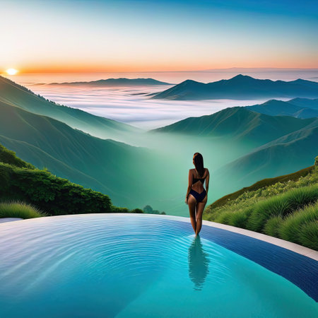 back view enjoy relax in infinity edge luxury outdoor swimming pool looking on fog hill green mountains in warm sunsetの素材