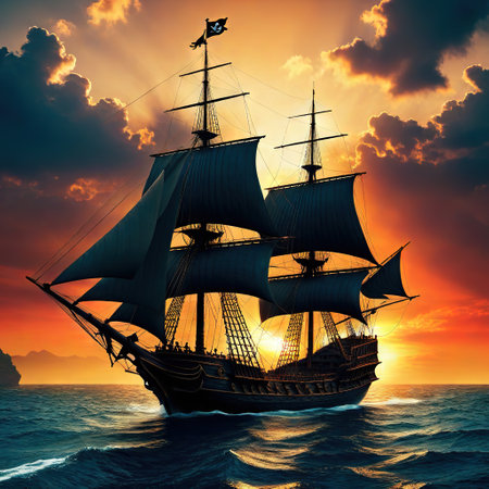 Ancient ship with raised sails at sunsetの素材