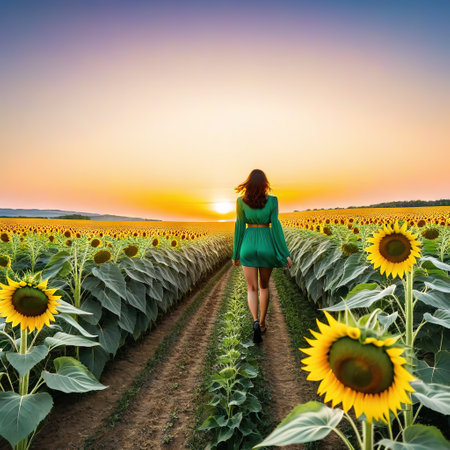 Back view of walking by blooming sunflower field atの素材