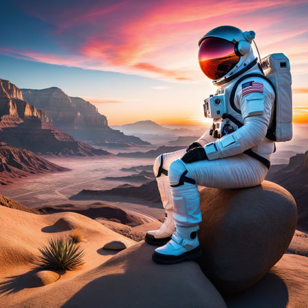 Astronaut in the desert on a sitting on crystalの素材