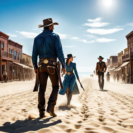 An intense cowboy duel on the main street of a typical western echoing tales of law and disorder in the oldの素材
