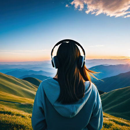 Back view in headphones listening music in theの素材