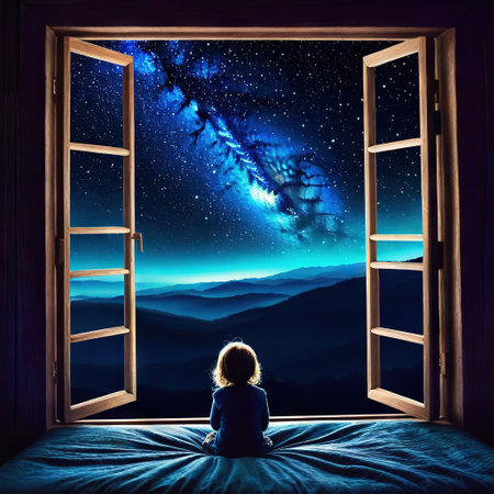 a watching out at big window open to galaxy midnight idea for imagination and dreamの素材
