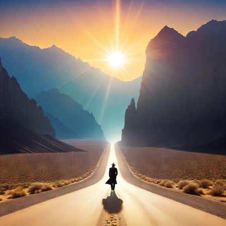 a standing in the middle of a desert road with a light at the end of the tunnel and mountains in the distance with a sun shiningの素材