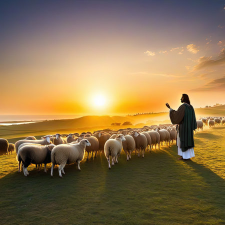 Shepherd Jesus Christ leading the sheep and praying to God and in the field bright sunlightの素材