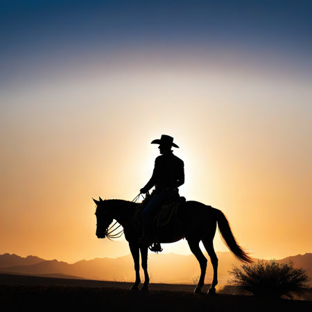 A lone rider on horseback stands silhouetted against the setting his hat pulled low over hisの素材