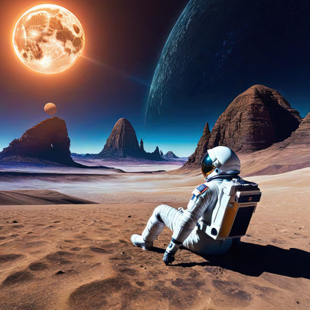 A of astronauts chat on an alienの素材