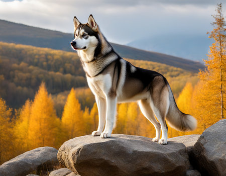 The magnificent gray Siberian husky stands on a rock in the Crimean mountains against the backdrop of the forest andの素材