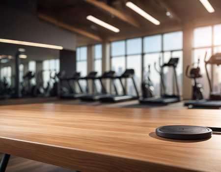 Wood Table Top Background on blurred fitness gym abstract background of exercise equipments for backdrop composition forの素材