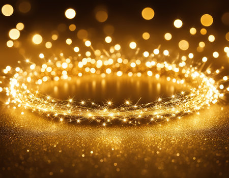 Golden glitter circle of sparkling light Gold glittering magic shimmer bright light sparks bokeh effectの素材
