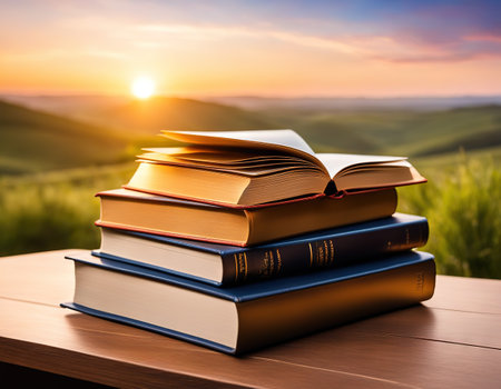 Stack of book and Open hardback book on blurred nature landscape backdrop against sunset sky with back Copy back toの素材