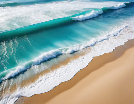 Blue and aquamarine color sea waves and yellow sand with white foam isolated on white Marine beachの素材