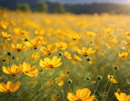 Beautiful light with yellow cosmos flowers field with shallow depth of field use as natural backdropの素材