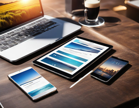 Smart phone and tablet mock up template on office Can be used for app presentation and promotionの素材