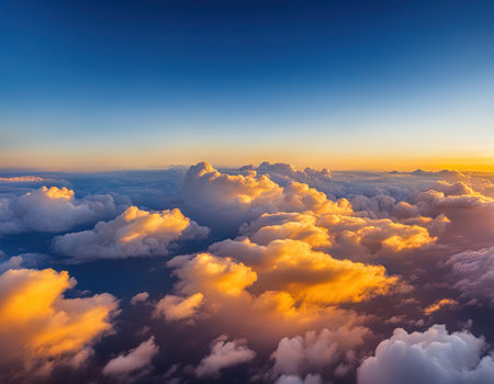 Beautiful panorama of orange and yellow cloudscapes at on a blue sky in high resolutionの素材