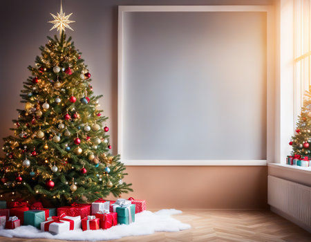 Christmas winter blurred Xmas tree with snow decorated with garland holiday festive backgroundの素材