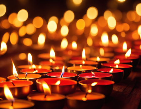 Diwali Festival of Beautiful Selective focus on foreground of many burning tealightの素材