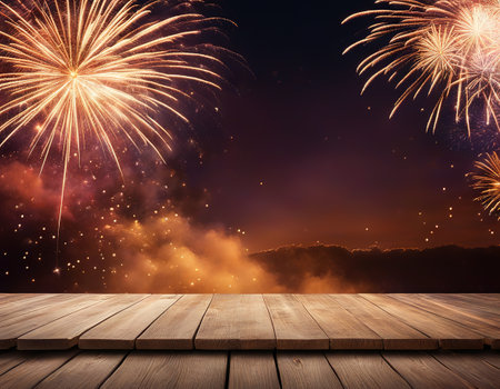 Celebration background with fireworks explosions and empty wooden planksの素材