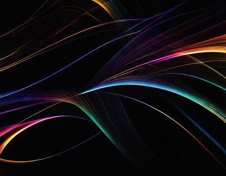 Abstract Bright Multicolored Glowing Lines and Curves on Black Backgroundの素材