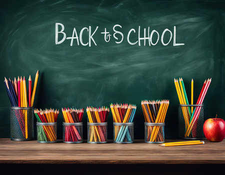 Back to school lettering with pencils and apple over chalkboard backgroundの素材