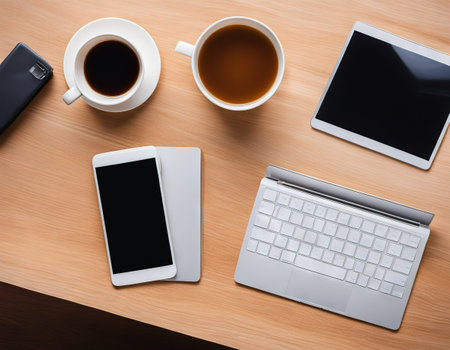 Office desk background with smart phone and cup of View from aboveの素材