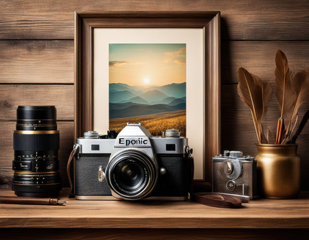 Mock up poster frame with vintage artistic objects and old camera on wooden tableの素材