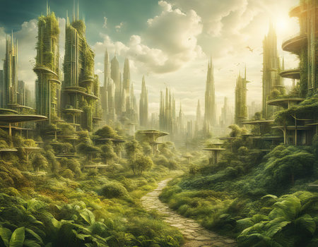 Fantasy Ecology Abstract Urban Landscape Mixed with the Natural on Paper Textureの素材