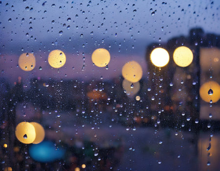 Flows of water during heavy rain on window glass with blurred street lights behindの素材