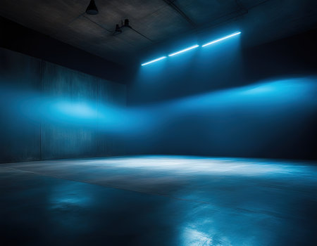 Studio dark room with blue lighting effect and fog or mist on concrete floor in blackの素材