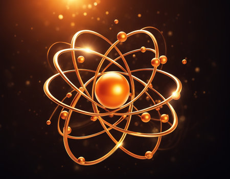 Orange stylized atom and electron Scientific backdrop with free space for atomicの素材