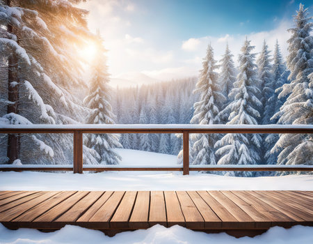 Winter background with wooden terrace and nature forest Christmas holiday conceptの素材