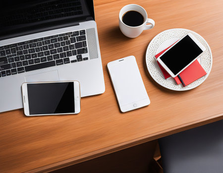 Office desk background with smart phone and cup of View from aboveの素材