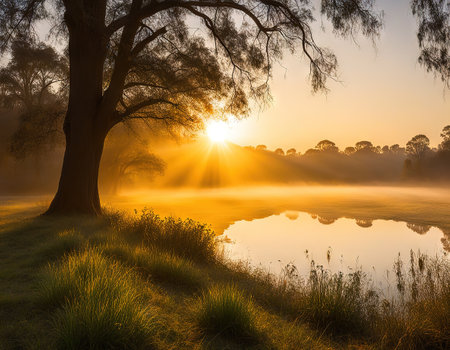 Spectacular sunrise sunbeams bursting through mist reflecting river waterの素材