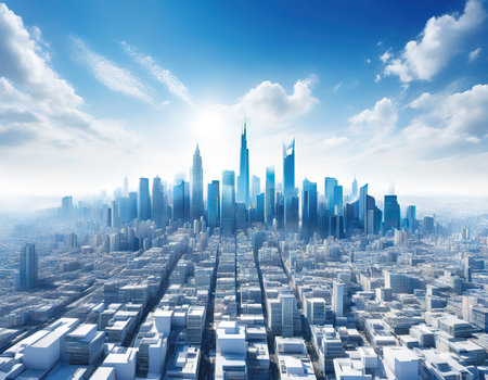 Abstract city skyline in blue sky and white Abstract city backgroundの素材