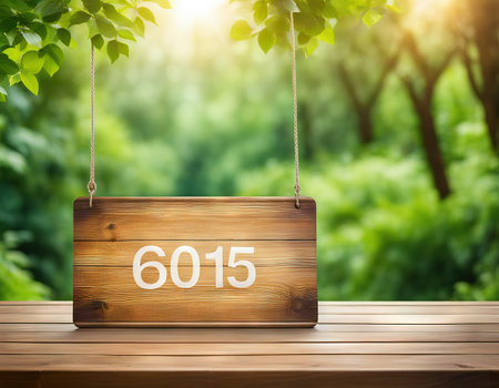 Wood table with hanging wooden sign on green nature blurred backgroundの素材