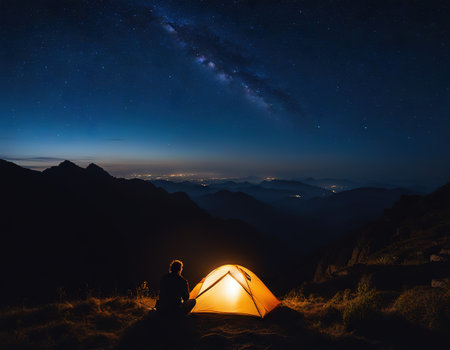 Silhouette of traveler camping on the mountain and night sky with Space backgroundの素材