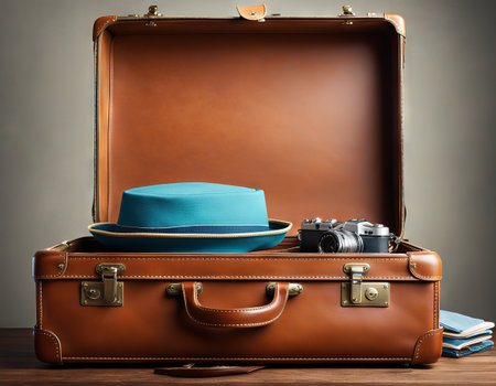Getting ready for summer holidays Leather suitcase with travel accessoriesの素材