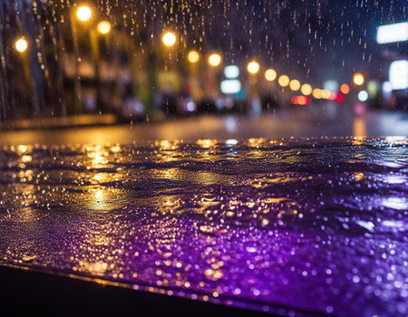 Flows of water during heavy rain on window glass with blurred street lights behindの素材